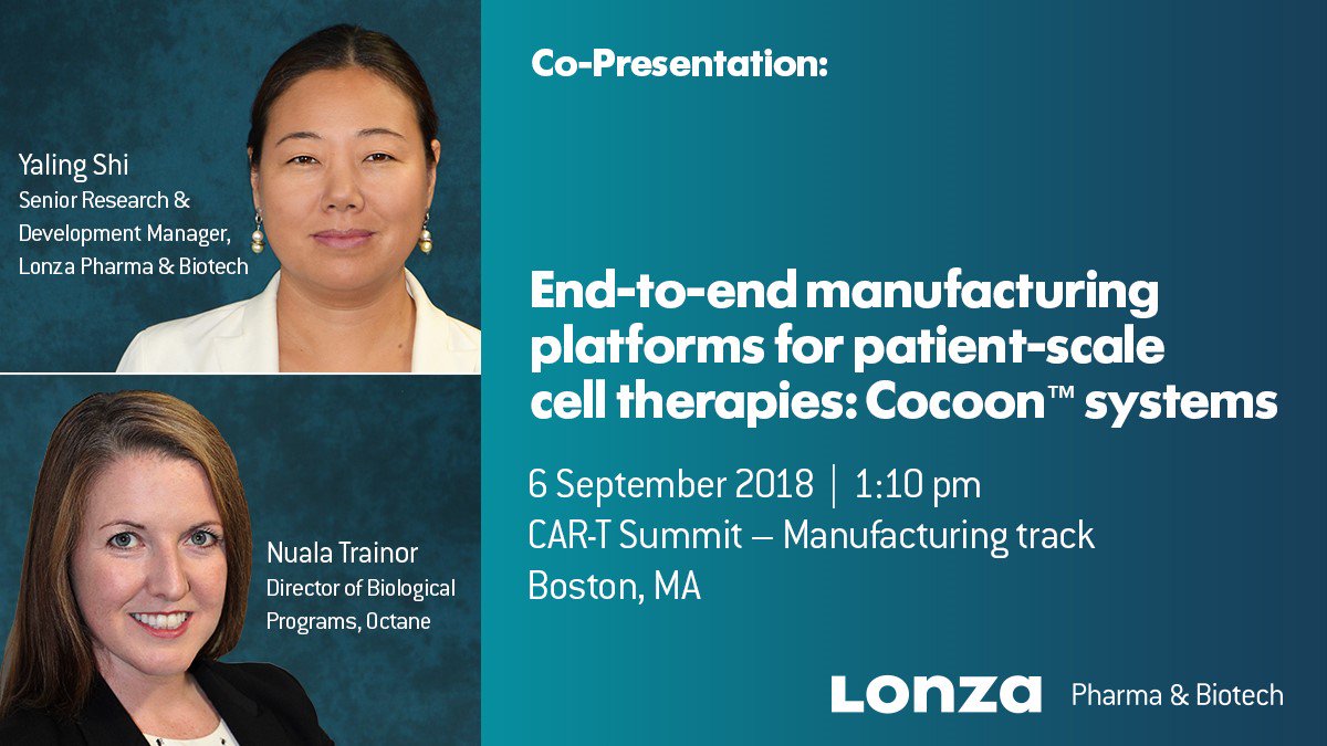 LonzaGroup's tweet photo. This week @CAR_TCell: Let’s discuss end-to-end patient-scale cell therapy manufacturing platforms together. Join us for a co-presentation with guest Octane Biotech. #nexttogether #CAR-T #autologous #manufacturing #CARTCR #cartcrsummit https://t.co/sViz8B0r18