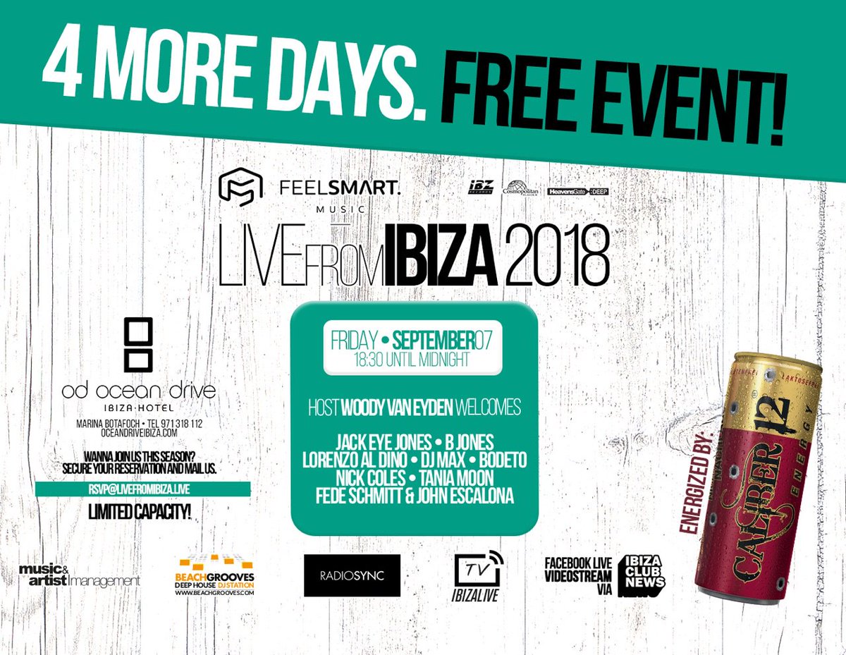 LiveFromIbiza's tweet photo. The countdown has begun! 4 days left!

Wanna join us?
rsvp@livefromibiza.live

Next Event: LIVEfromIBIZA 2018 [5/6]

Energized by #Caliber12. Hosted by @WoodyVanEyden.

@ODoceandrive @BeachGrooves @IBZRecords @jackeyejones @IbizaClubNews https://t.co/WJenoCky09