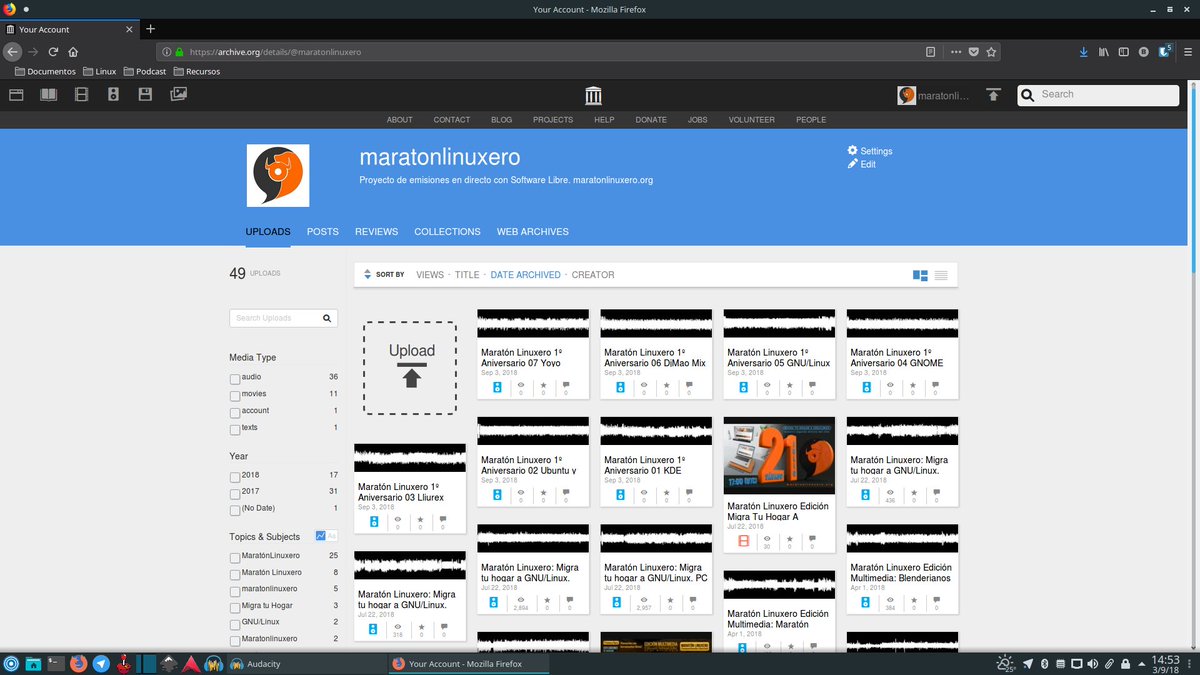 ¿Te has perdido algún directo del aniversario #MaratónLinuxero?
No pasa nada. 
Ya estamos subiendo los audios a <a href="/internetarchive/">Internet Archive</a> y pronto lo tendrás en formato podcast.
No te pierdas ninguna de sus charlas. 
#CompartiendoLibertad
archive.org/details/@marat…