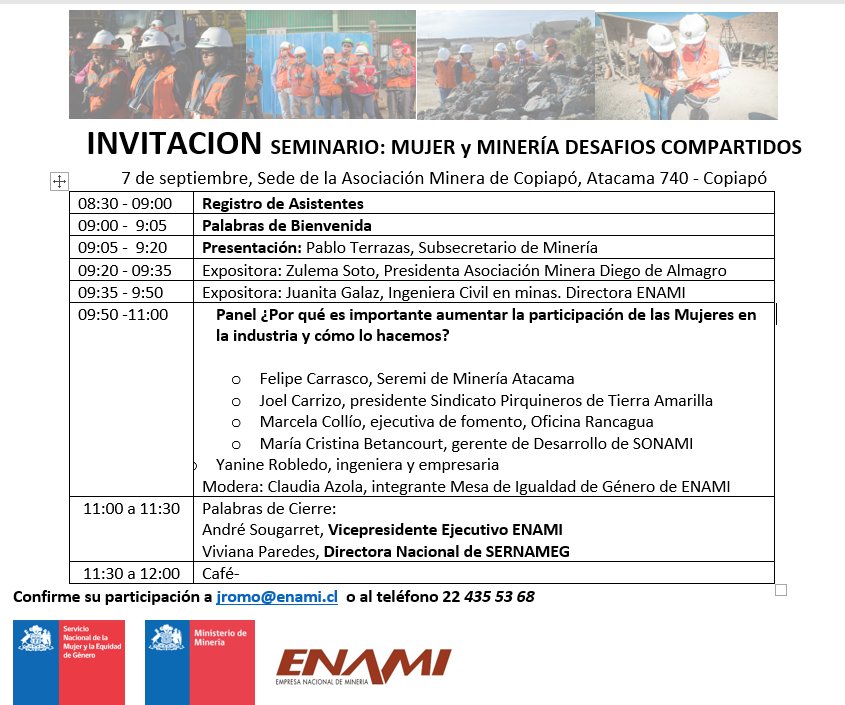 ENAMIChile's tweet photo. No te quedes fuera. Inscríbete  en el foro Panel MUJER Y MINERÍA , DESAFÍOS COMPARTIDOS, que  se realizará este viernes 7 en Copiapó
Invitan: @PabloterrazasL @ViviParedesM @asougar @SernamEGChile @MMEG_Atacama @MinMujeryEG @ENAMIChile @MinMineria_cl 👉confirma a jromo@enami.cl https://t.co/rEooOQsnZq