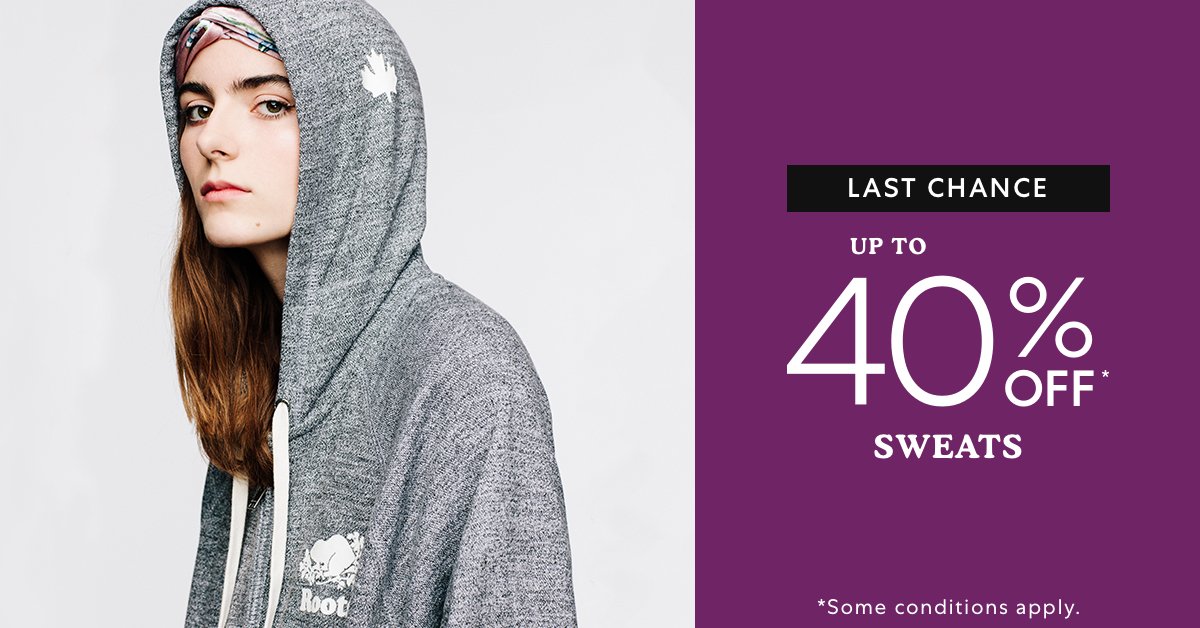 ROOTS's tweet photo. SALE ENDS TODAY. Buy three+ sweats get 40% off*, buy two sweats get 30% off*, buy one sweat get 20% off*. In store and online. Shop now: https://t.co/BNXgBKKnQx
*Some conditions apply.
#sweatstyle #RootsCanada #Sale https://t.co/yVJkgTNIdN