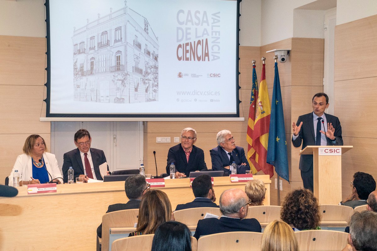 CSICval's tweet photo. El ministro @astro_duque; el presidente de la @generalitat, @ximopuig; la presidenta del @CSIC, Rosa Menéndez; el alcalde de Valencia, @joanribo; y el coordinador del @CSICval, José Pío Beltrán, han inaugurado hoy la Casa de la Ciencia del CSIC en Valencia.https://t.co/ZHs8hATM3l https://t.co/hKOFrkcLaL