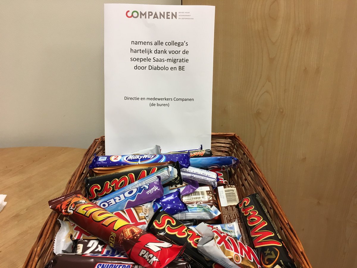 De maandag beginnen met werken is niet vervelend! Zeker niet als je een heerlijke verrassing ontvangt als dank voor het goed verlopen van de migratie naar de cloud.  Jullie ook bedankt voor de opdracht én het lekkers, beste buren <a href="/Companen/">Companen Advies</a>.