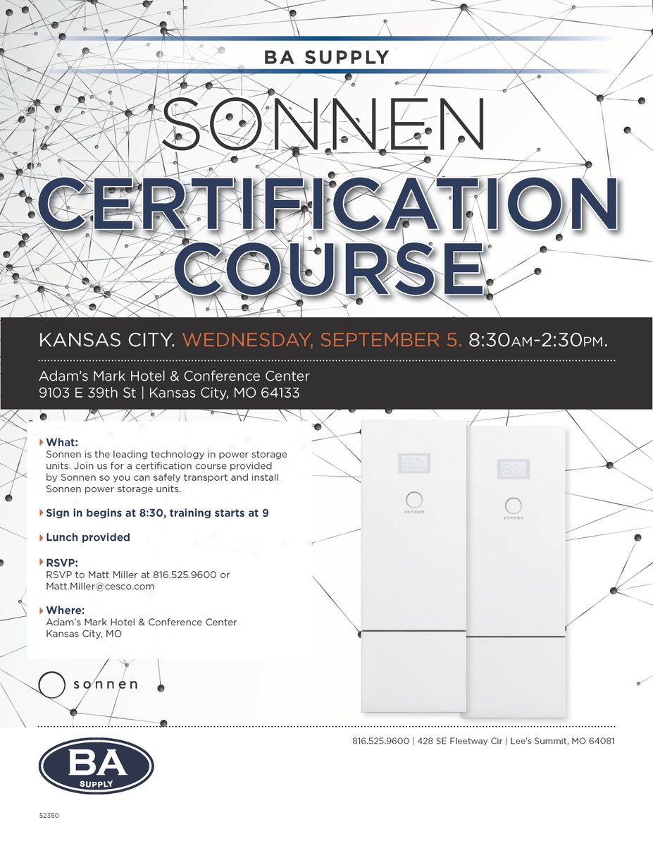 BASupply's tweet photo. Sign up for our @SonnenUSA Certification Course this Wednesday at Adam's Mark Hotel &amp; Conference Center in Kansas City. This certification course will teach you how to safely transport and install Sonnen power storage units. #KansasCity #Solar #Energy #Storage https://t.co/hvYlpGu1Pq
