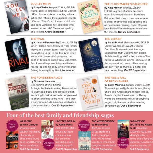 Ta-dah! My @PrimaMag book choices for September. With fantastic books from @lucyclarkebooks @charduck Susanne Jansson Kate Morton @spookypurcell @sarramanning @AnnCleeves @adeleparks @HilaryBoyd @nikola_scott Enjoy whatever you read!