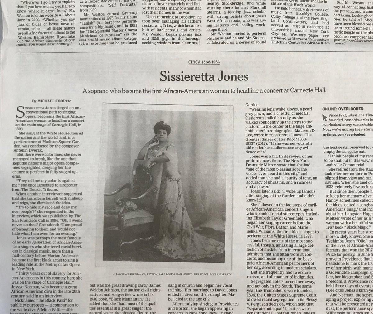 coopnytimes's tweet photo. It’s 85 years late, but the ⁦@nytimes⁩ obit of the remarkable Sissieretta Jones finally makes the paper https://t.co/HdPauEUzG9 https://t.co/52ToXaP8yR