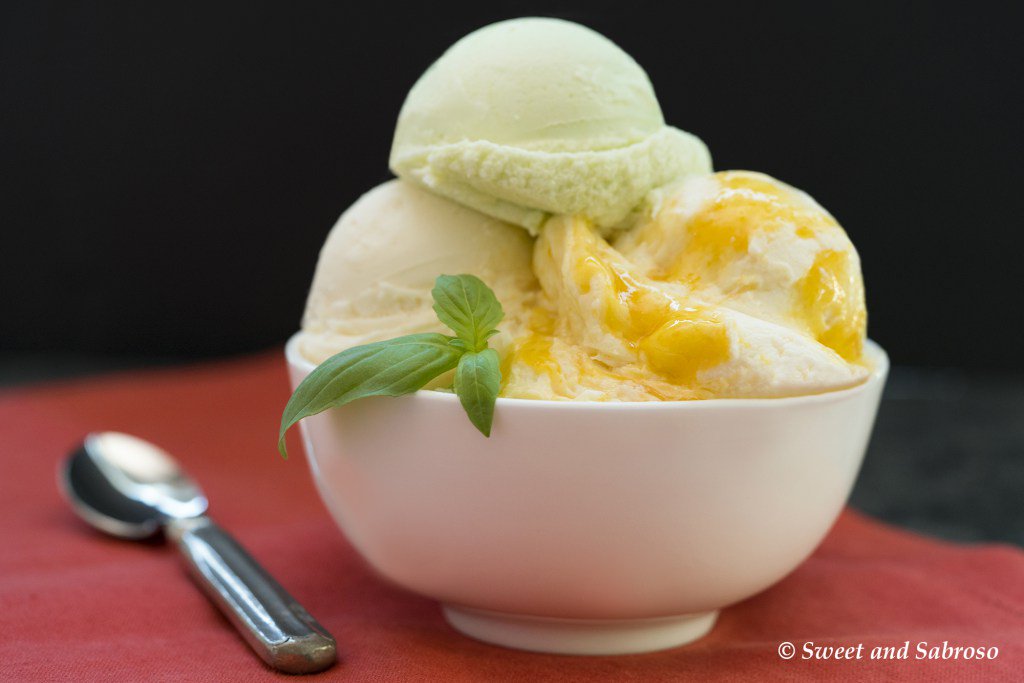 sweetandsabroso's tweet photo. Homemade Ice Cream Three Ways: Sweet Cream Vanilla, Basil Olive Oil &amp; Mango Swirl https://t.co/NZ7rFbZu9p https://t.co/eSC4NziQd5