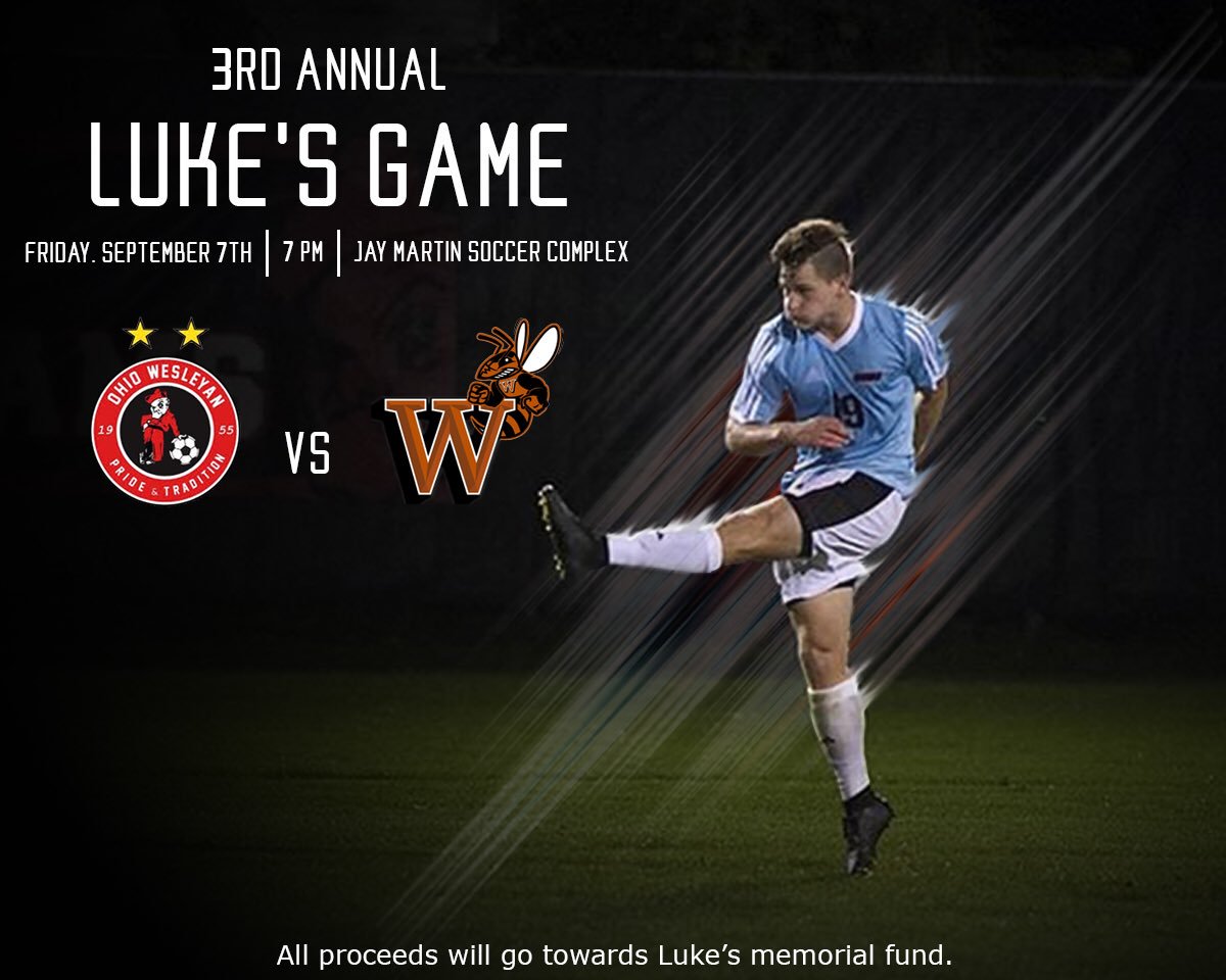 OWUMSOC's tweet photo. LUKE'S GAME: RETWEET if you are coming to celebrate the life of Luke Gabbert on Friday September 7th as we take on Waynesburg at 7:30PM at Selby Stadium! All proceeds from ticket sales are donated to the Luke Gabbert Memorial Fund. 

#prideandtradition #LG19 https://t.co/4viQO88n1S