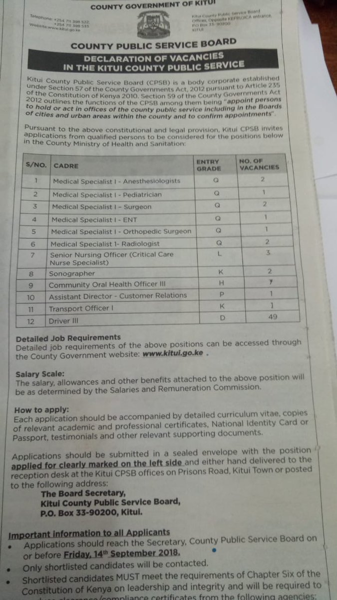 <a href="/KenyaGovernors/">Council of Governors</a> <a href="/MOH_Kenya/">Ministry of Health</a> 

Kitui County recently employed 35 doctors including pharmacists and dentists. 

They have advertised to add 9 more specialists doctors. 

<a href="/mamangilu/">Charity Ngilu</a> has shown the CBA is good for healthcare.

Can the 47 counties and MoH emulate this HRH approach?
