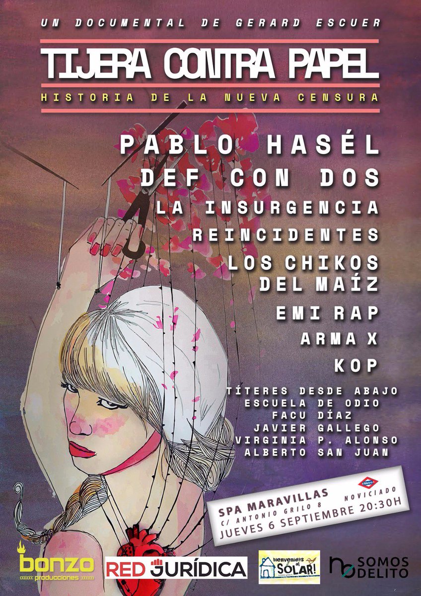 hidalgomonica's tweet photo. Parece que se nos acaba el @CineDosDeMayo en el @SpaMaravillas y para el fin de temporada, un planazo: #TijeraContraPapel de #GerardEscuer y debate previo muy interesante con @BonzoProduccion, @laredjuridica, @Nosomosdelito y alguna sorpresa. Juntas contra #LeyesMordaza https://t.co/WEleynKv2p