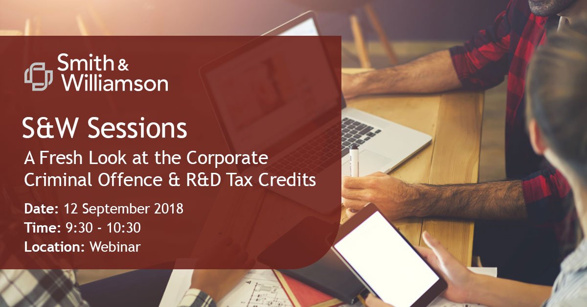 evelynpartners's tweet photo. #SWsessions: Our inaugural webinar on 12 September will discuss the latest news and views on Corporate Criminal Offence for facilitation of tax evasion and a fresh look at Research &amp; Development “R&amp;D” tax credits.

Register today - https://t.co/nSeCQ44ggS https://t.co/aoeKYPM4qC
