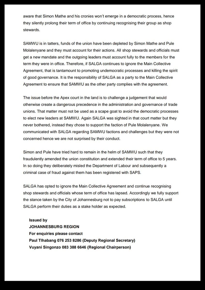 Lu_Mfeka's tweet photo. It seems that the folk at SAMWU have responded to @CityofJoburgZA's decision to no longer pay subscription fees to SALGA. https://t.co/hPG7d1NS8u