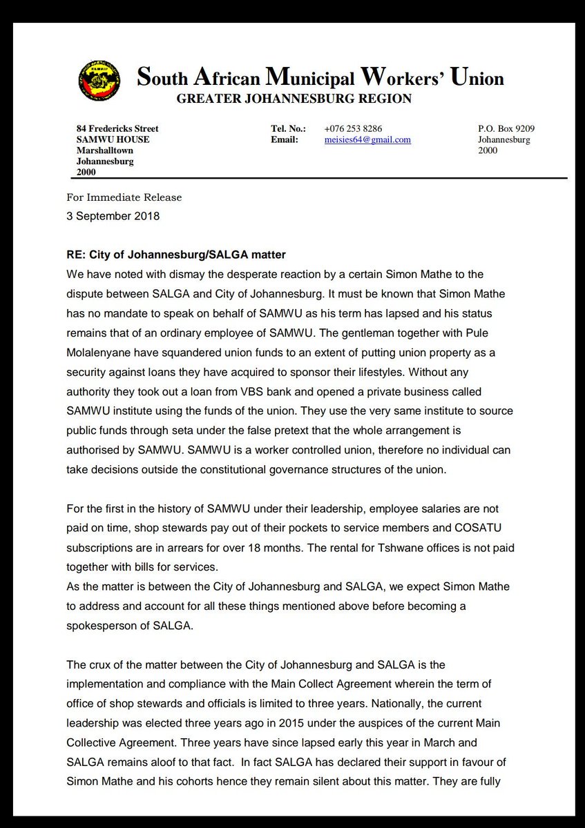 Lu_Mfeka's tweet photo. It seems that the folk at SAMWU have responded to @CityofJoburgZA's decision to no longer pay subscription fees to SALGA. https://t.co/hPG7d1NS8u