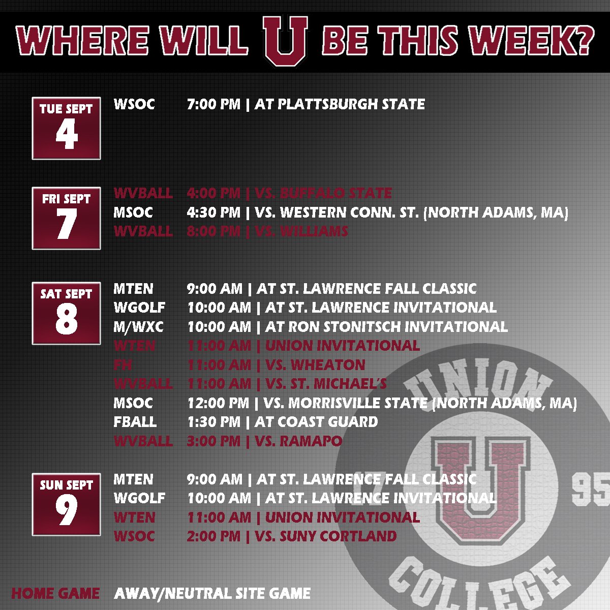 UnionAthletics's tweet photo. The first full week of the 2018-19 season is here! Check out where your favorite Union teams are headed this week, including a busy home weekend for #UnionVB and home openers for #UnionWTEN, #UnionFH and #UnionWSOC! https://t.co/AHQtIcF0U5