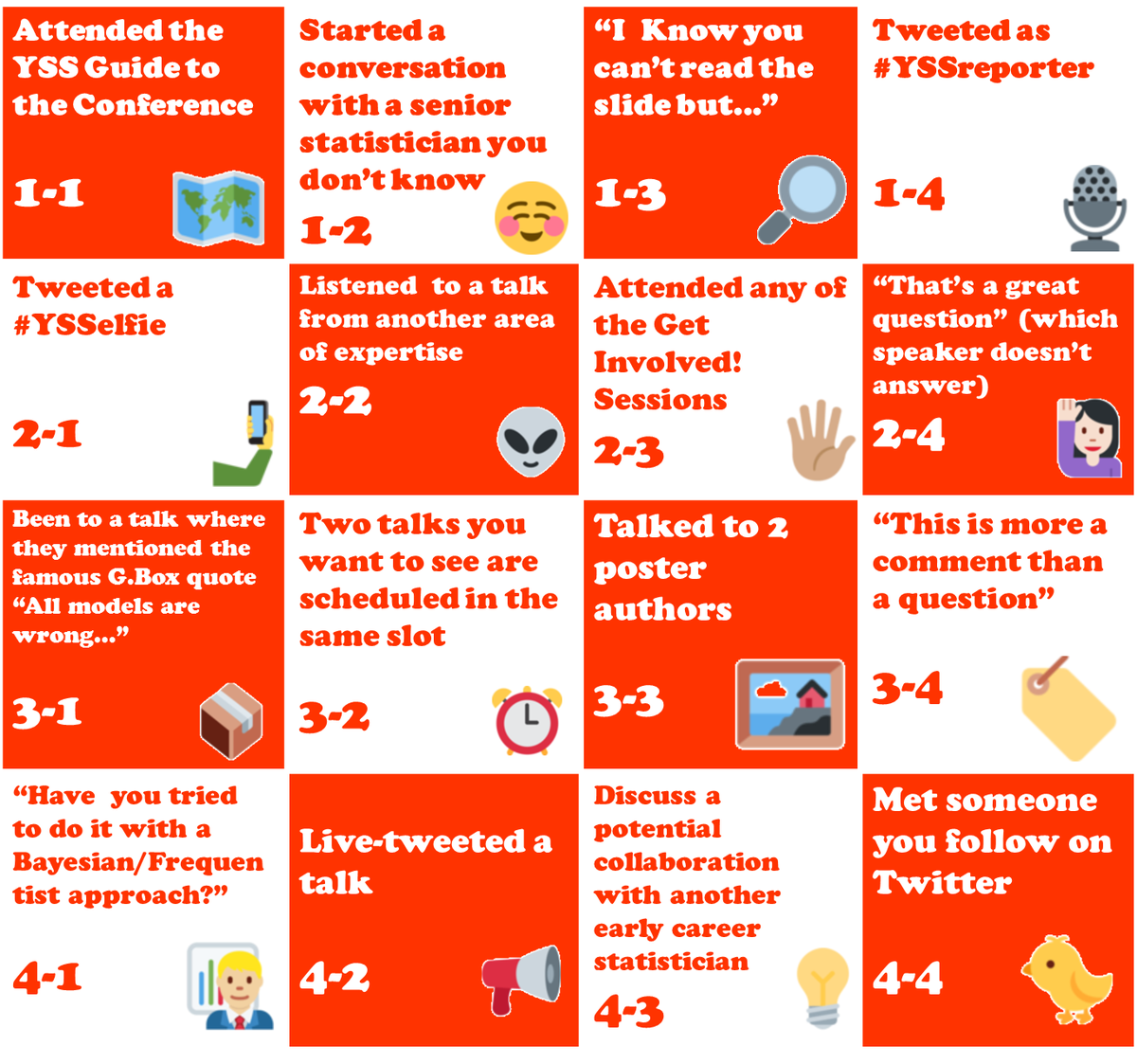 statsyss's tweet photo. Play our Twitter #YSSbingo during #RSS2018Conf Just don’t shout 🏠 during the keynote 😜 https://t.co/EvUs2oNH8C