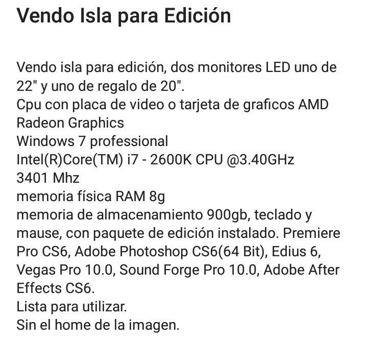 ferreyramonika's tweet photo. Vendo computadora, isla de edición, $20.000, 1 monitor de 22" y uno de 20" de regalo.
Caracteristicas completas en la imagén. https://t.co/5JiOJBesbe