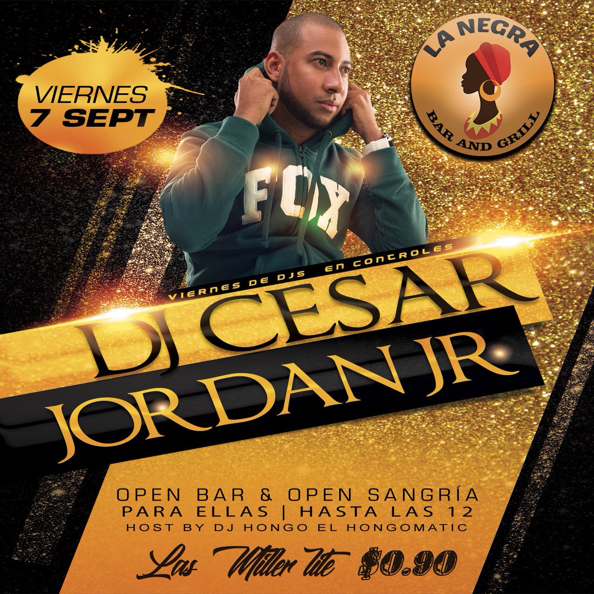 Este Viernes no hay ni que preguntar el arranque es para @lanegrabarandgrill con los Viernes de Djs y para este 7 Sept llega <a href="/djcesarjordanjr/">Dj César Jordán Jr. 🇵🇦</a> con todas sus tandas para ponerte activo!!! Con el gran Open Bar y Open Sangría para ellas hasta la 12 y las pintas Miller Lite $0.90