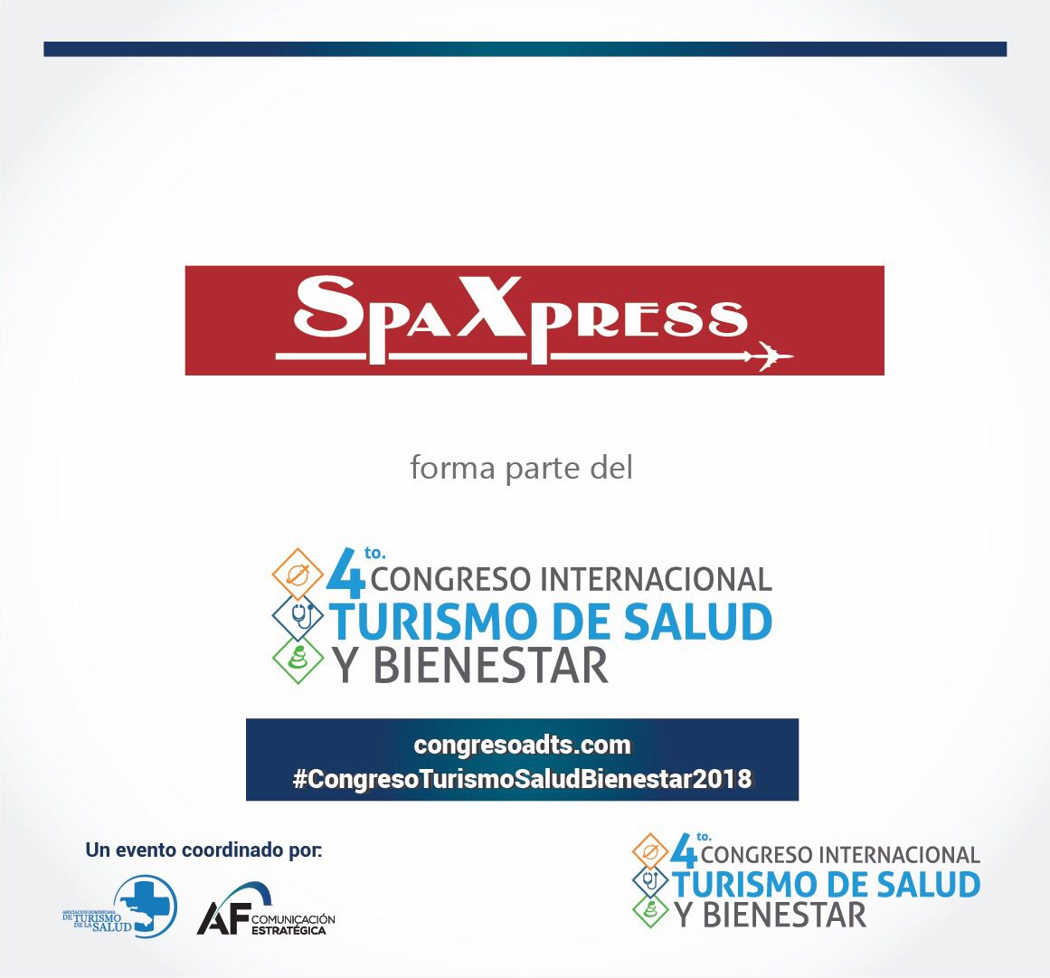 AFComunicacion's tweet photo. En esta 4ta edición del #congresoturimosaludbienestar2018 se une como patrocinador #SpaXpress ¡Gracias por el apoyo! #congresoturismosaludbienestar2018 #Networking #Negocios #B2B #Turismo #salud #saludybienestar #congreso #bienestar #AFComunicacionEstrategica #afcomunicacion #AFC https://t.co/PIyF8hq0Ey