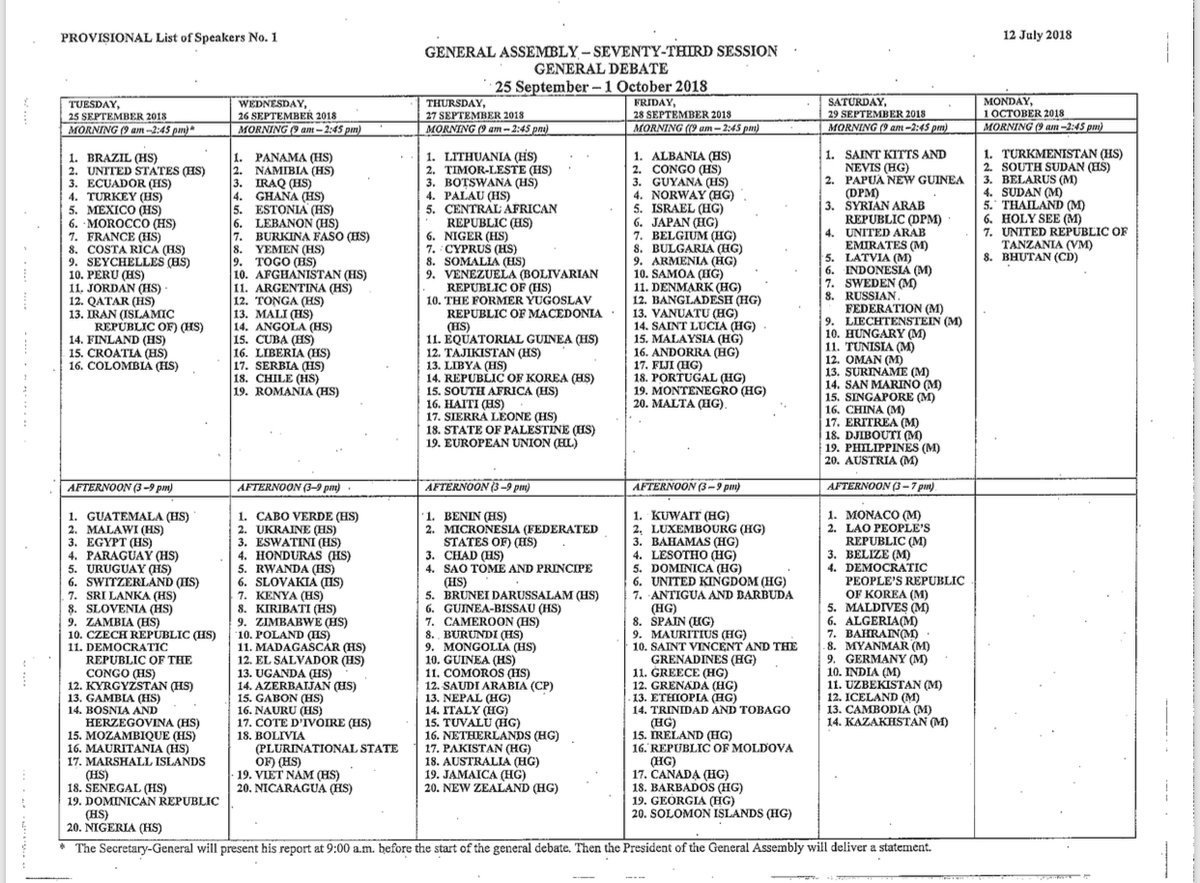 The UN Times on Twitter "UNGA73, General Debate — provisional list of