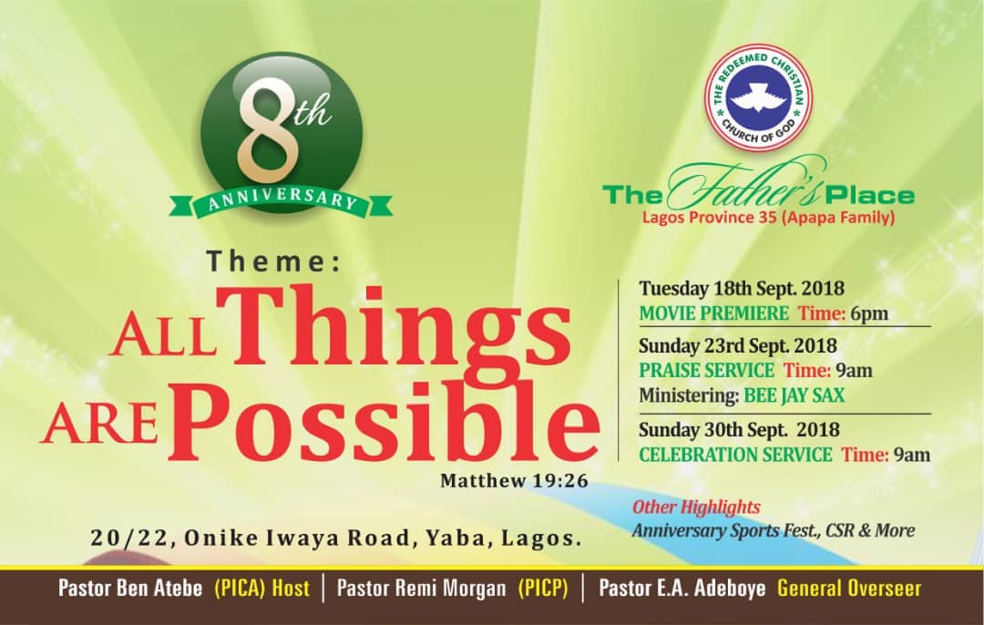 BenAtebe's tweet photo. Hey join me as we celebrate the manifest glory of God this month at Rccg The Father'sPlace 20/22 Onike Iwaya road Yaba. https://t.co/3D9WnmzfVL