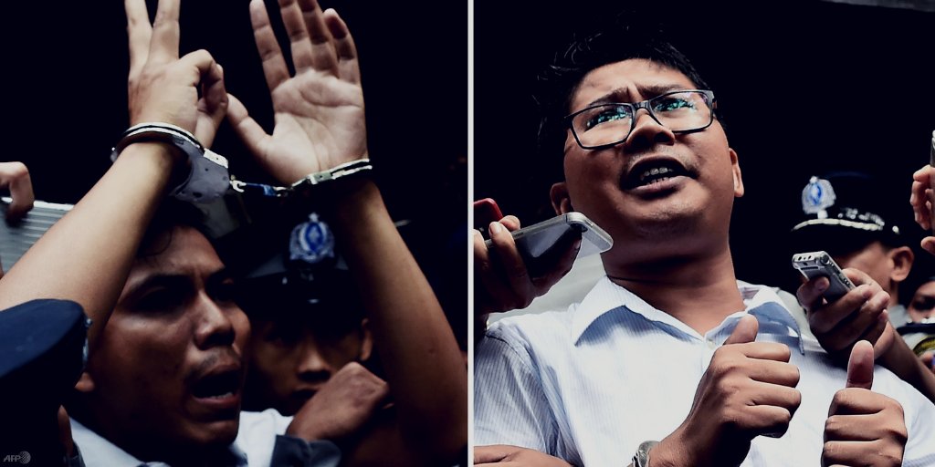 UNHumanRights's tweet photo. “I urge #Myanmar to immediately &amp; unconditionally release Kyaw Soe Oo and Thet Oo Maung. Their conviction sends a message to all journalists in Myanmar that they cannot operate fearlessly" — @UNHumanRights Chief Michelle Bachelet: https://t.co/hcy7ZTQCRL 

#FreeWaLoneKyawSoeOo https://t.co/wBxWfuPDVf