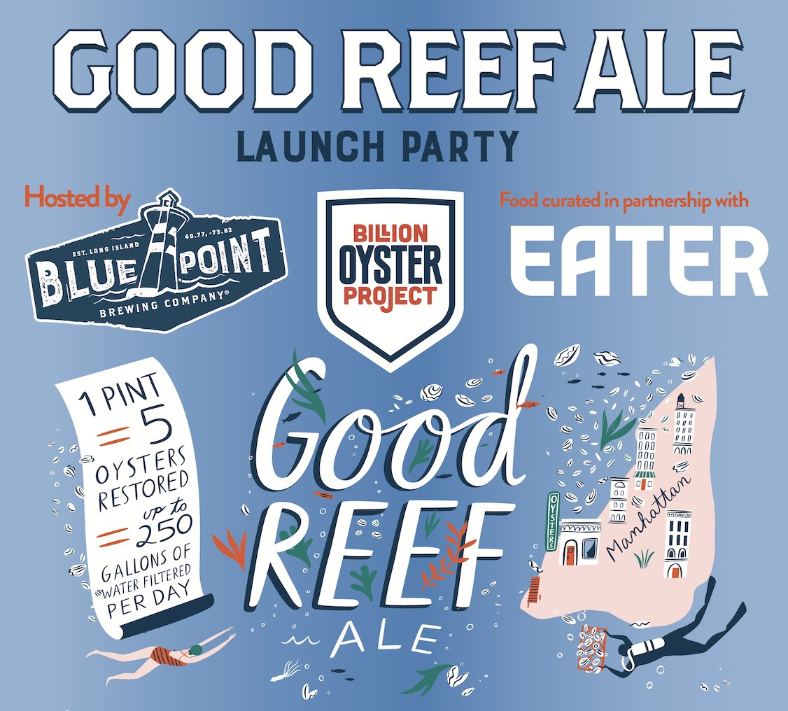 BillionOyster's tweet photo. Today marks the launch of Good Reef Ale, a new beer from @BluePointBrewer benefitting Billion Oyster Project. For every pint sold, 5 oysters will be restored to a Community Oyster Reef. Join the launch party, 9/13, at Wavertree ship @theseaport! #GoodReef https://t.co/E04QrmJ3sF https://t.co/fO5VsqYwVu