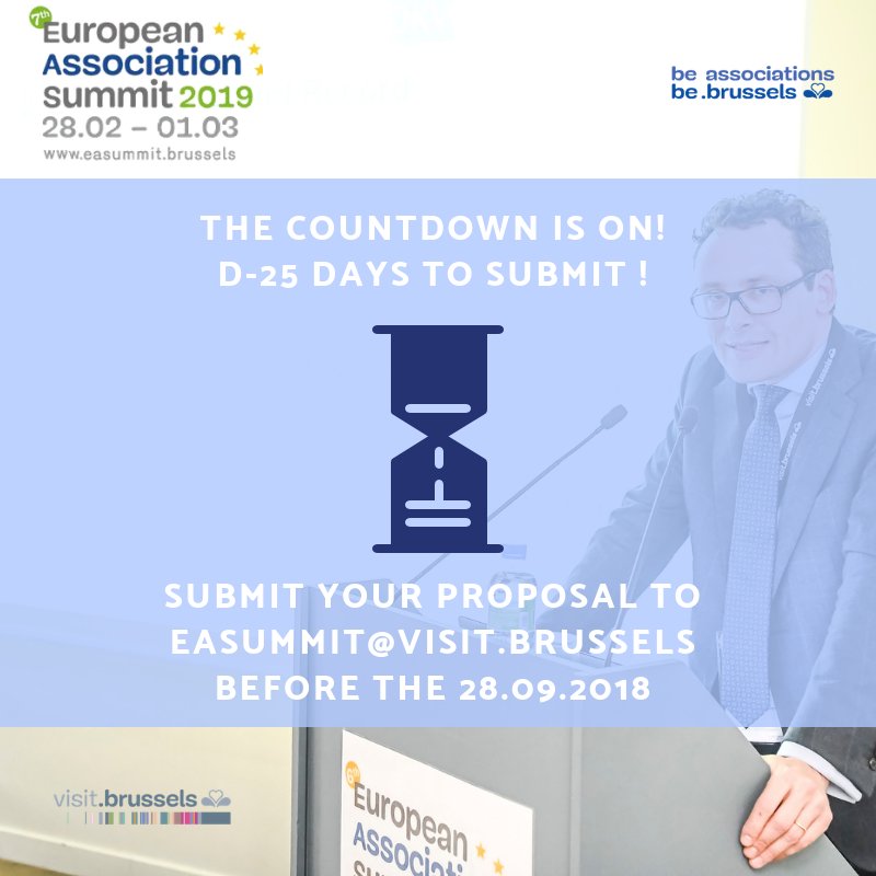 AssociationsBru's tweet photo. ⌛️ The countdown for the #callforproposals is on!
Future prospects and new ideas for the #EASBrussels are still welcome.
➡️ submit your #casestudies here: https://t.co/975PhxFzjz
🔎 read more here: https://t.co/975PhxFzjz
#internationalassociations #Brussels #EAS2019 https://t.co/cOzYzUaMgP