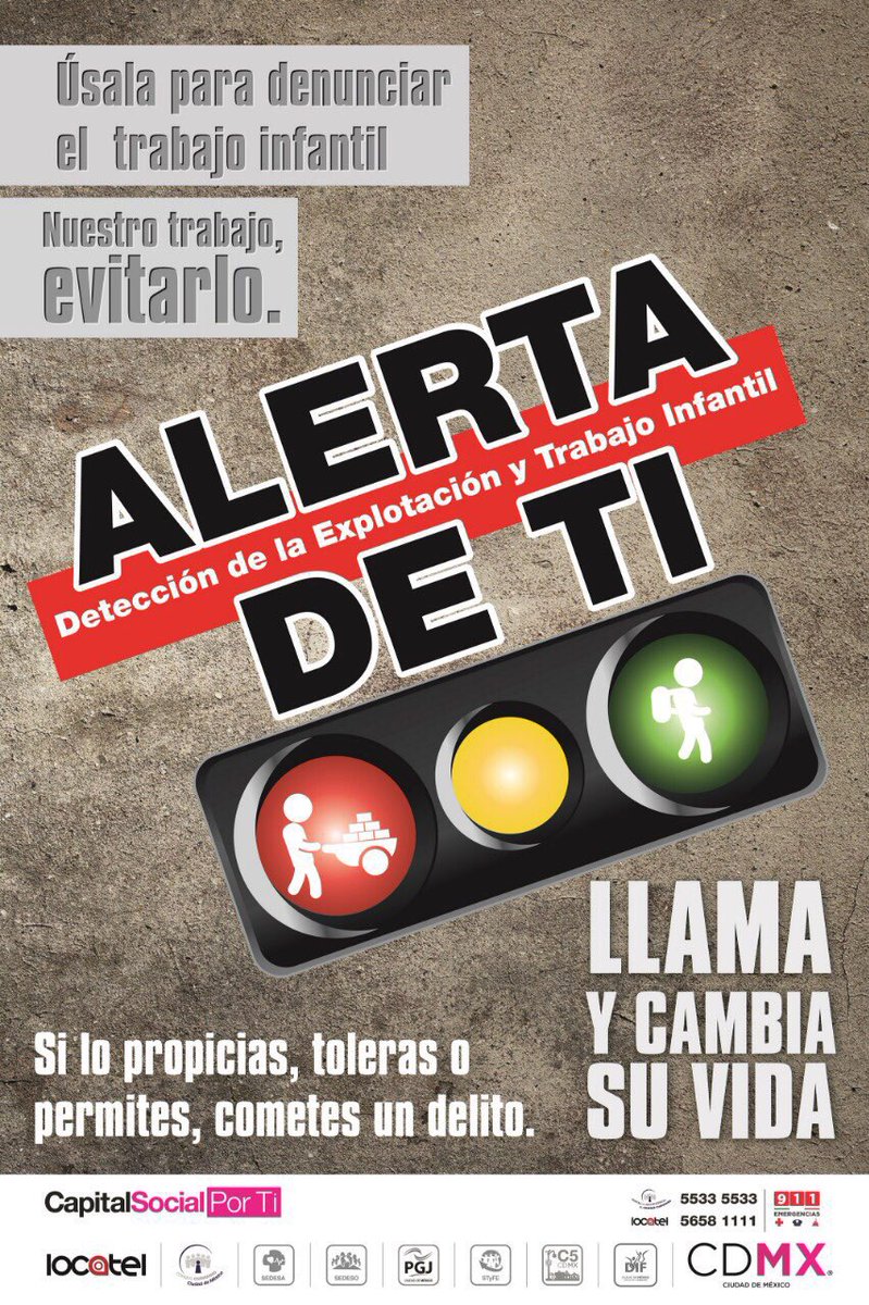 Si conoces un caso de explotación laboral y trabajo infantil, comunícate a las líneas de <a href="/locatel_mx/">@locatel_mx</a>, 911 o al 5533-5533. #AlertaDETI. Detección de la Explotación y Trabajo Infantil