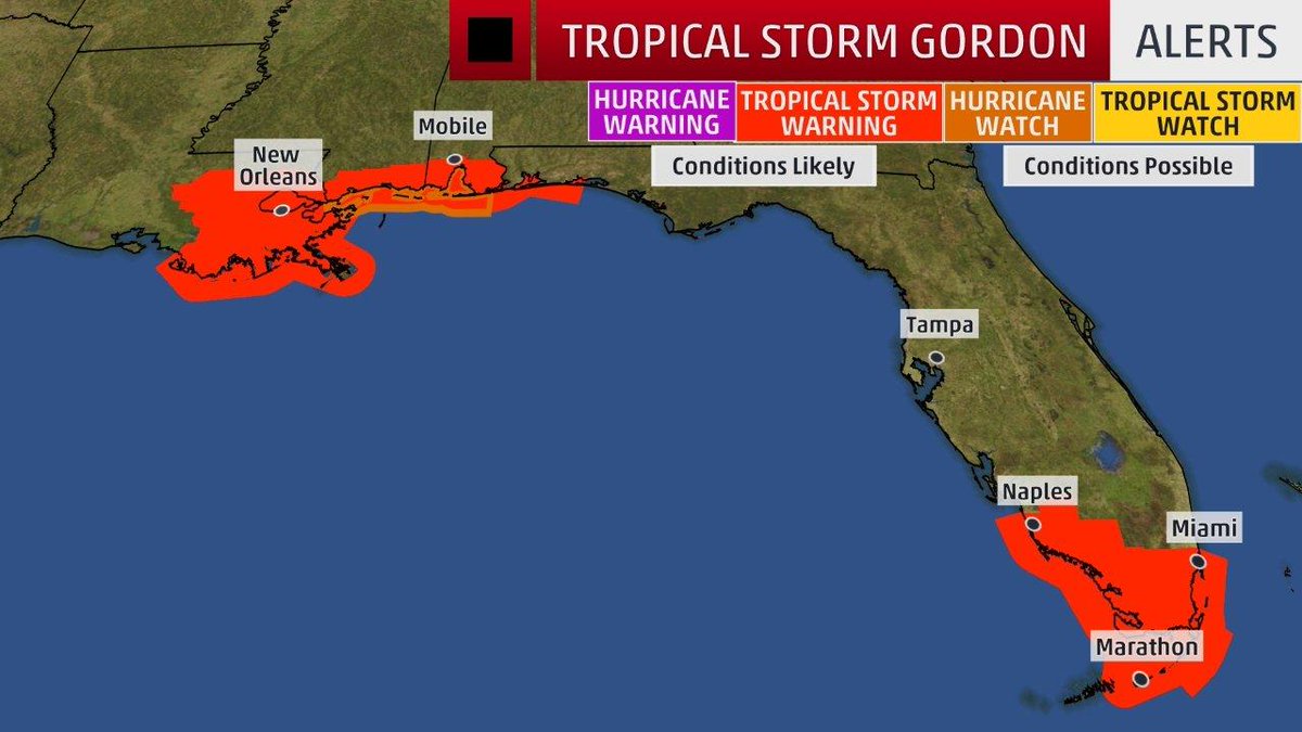 weatherchannel's tweet photo. 11:30 am Update: Gordon is now pushing into the Gulf of Mexico. #Hurricane watch posted for a part of the northern Gulf Coast: https://t.co/HX5c79Hypr https://t.co/Mb3Rdj5iRS