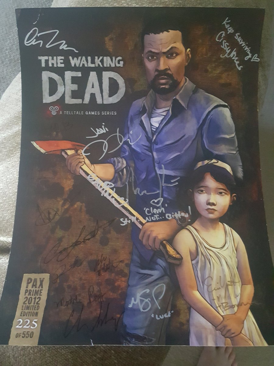 J_Hannafo's tweet photo. Knew holding on to this #PaxWest 2012 poster would be worth it! Thank you to @Melyhutch @gavinhammon @cissyspeaks @ScottPorter @JeffSchine & @OwenVoice for signing This! The #Telltale #WalkingDead panel was amazing. Thank you for your stories! You guys rock! #LovePudding https://t.co/WOjuYQx5gm