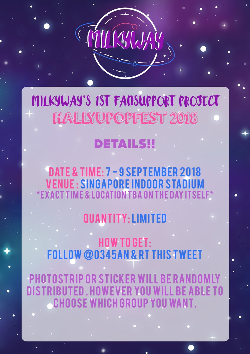 0345AN's tweet photo. 🌸[HELP RT]🌸

💫 MILKYWAY's FANSUPPORT for #HALLYUPOPFEST2018 💫

✨FINALLY!!! HERE ARE THE DESIGNS FOR OUR 4 ARTISTS THAT ARE PART OF OUR FANPROJECT!✨

FILL IN THIS FORM TO RESERVE THE FANPACK - https://t.co/tPfdBZ4UPK

❗SIMPLY FOLLOW &amp; RT THIS TWT❗

MORE DETAILS BELOW ⬇ https://t.co/rbrETztLux