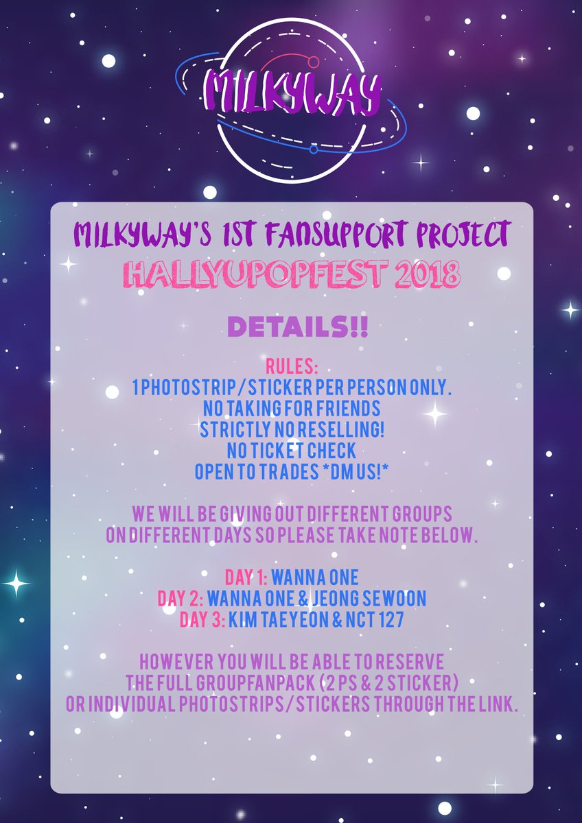 0345AN's tweet photo. 🌸[HELP RT]🌸

💫 MILKYWAY's FANSUPPORT for #HALLYUPOPFEST2018 💫

✨FINALLY!!! HERE ARE THE DESIGNS FOR OUR 4 ARTISTS THAT ARE PART OF OUR FANPROJECT!✨

FILL IN THIS FORM TO RESERVE THE FANPACK - https://t.co/tPfdBZ4UPK

❗SIMPLY FOLLOW &amp; RT THIS TWT❗

MORE DETAILS BELOW ⬇ https://t.co/rbrETztLux