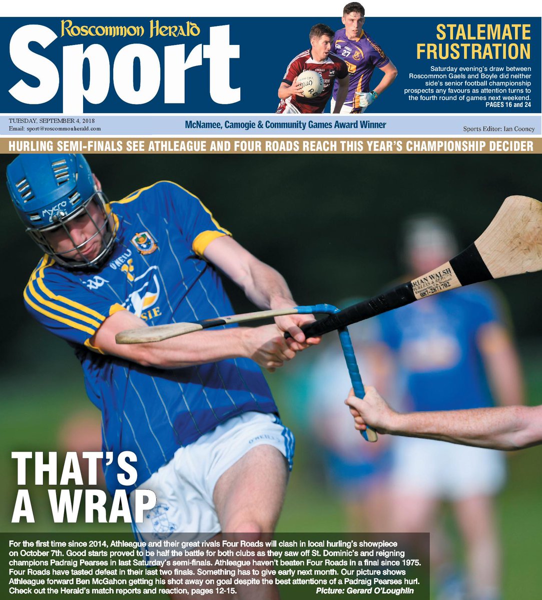 cooney_ian's tweet image. There was timber flying in the @RoscommonGAA senior hurling championship last weekend. The front page of this week's @RoscommonHerald sport as @AthleagueGaa and @fourroadshc reach county final on October 7th. #GAA