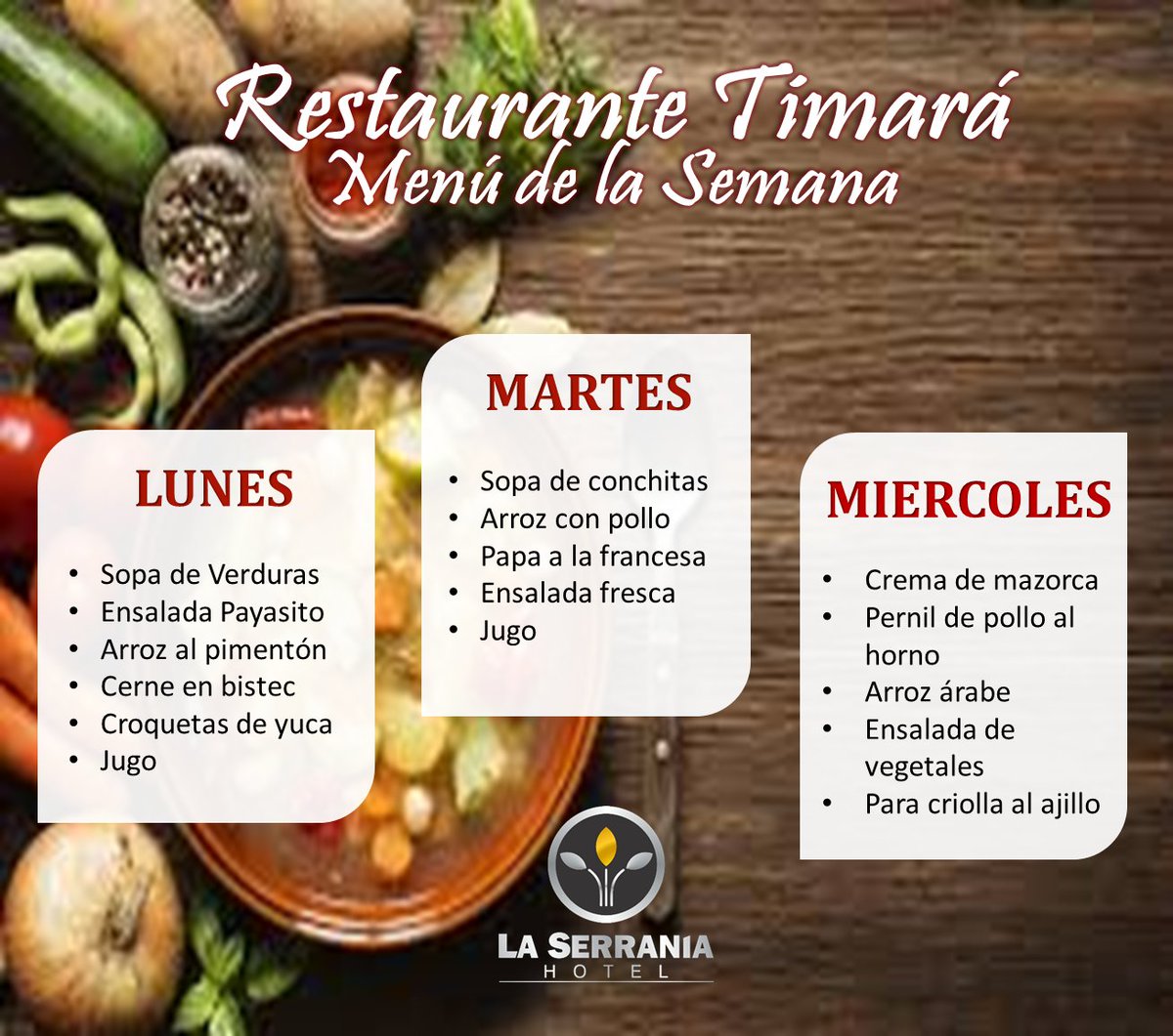 Ya sabes dónde almorzar esta semana? Ven y disfruta nuestro exquisito menú al mejor precio.. $15.000.
--
Conoce más de nuestro hotel ingresando a laserraniahotel.com 
Tels: 6917535 - 310 279 7701
Calle 33 Nº 30 - 26