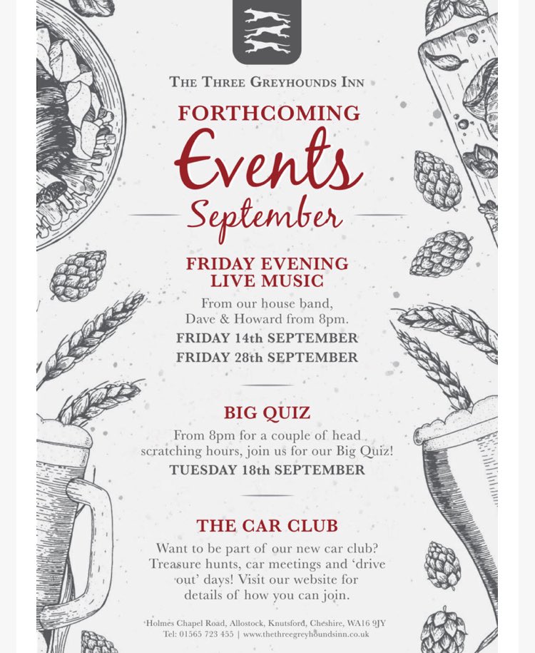 Check out our forthcoming events to see what’s on at the Three Greyhounds in September! Be sure to join us for our Big quiz on Tuesday 18th September
#events #mondaymotivation #september #food #drink #foodie #allostock #cheshire #countryside