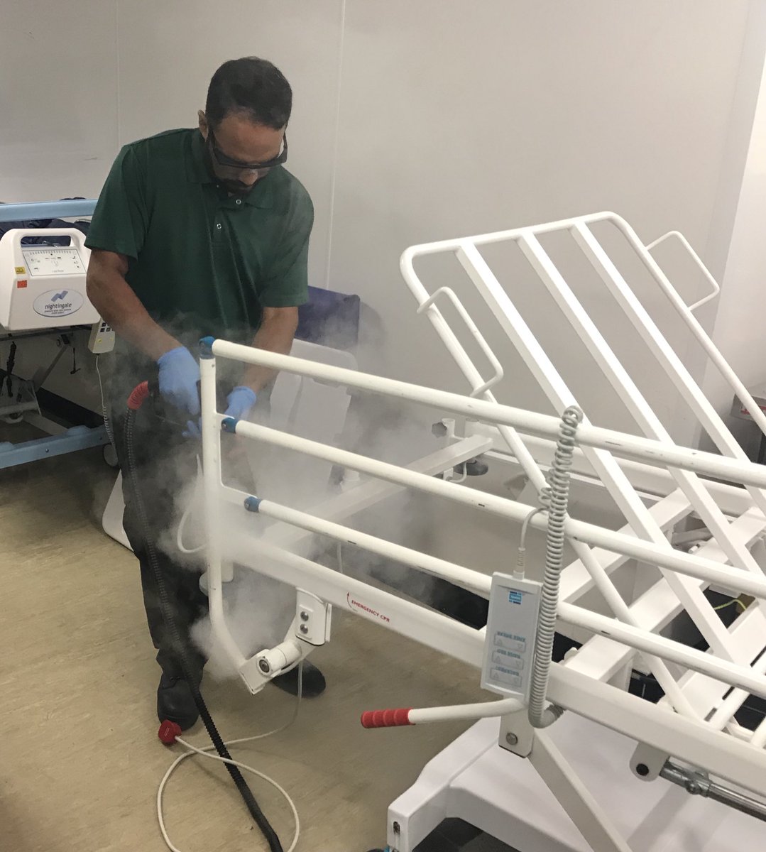 Great to see the Steam Cleaning of hospital beds as part of complete disinfection process, used by a dedicated bed cleaning team.