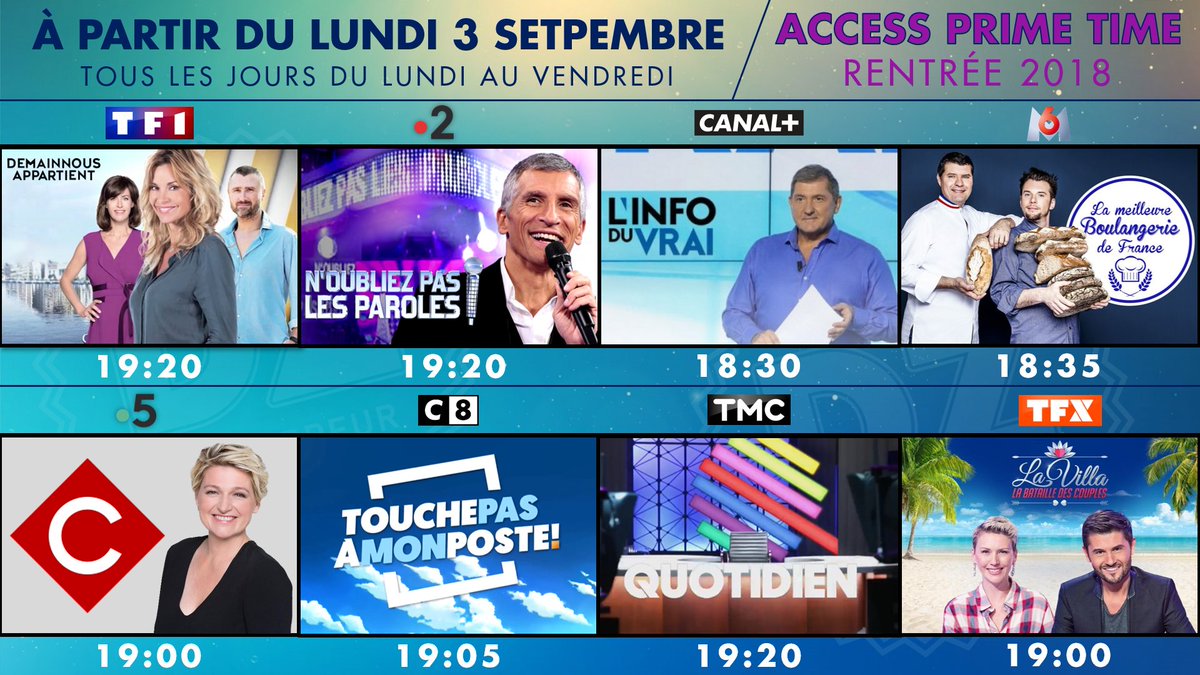 LeDZappeur's tweet photo. 🔴 Ce soir, vos plus grandes émissions rentrent de vacances !
#RentréeTV 📺
➡️ Retrouvez votre #ProgrammeDeRentree avec @LeDZappeur :
@DNA_TF1 @NOPLPoff @linfoduvrai @cavousf5 @Qofficiel @TPMP @LaVilla_TFX @Cyrilhanouna @BabethLemoine
#Quotidien #TPMP #CAVous #ProgrammeTV https://t.co/jN3eVlqLSA