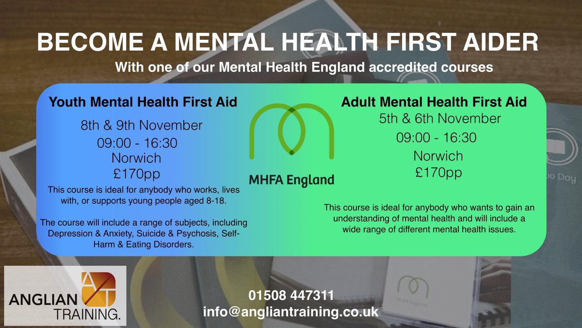 Both the September Adult &amp; Youth Mental Health First Aid courses are now fully booked but we have 6 spaces remaining on our November Adult session and 5 on the Youth Session #mentalhealthfirstaid #norfolk #training