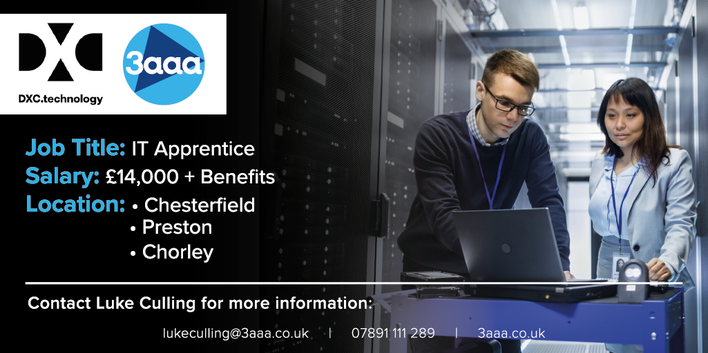 3aaaUKManc's tweet photo. DXC Technology, the world's leading independent  IT services company are looking to recruit several IT Apprentices.

With a highly competitive salary &amp; added benefits included, you don't want to miss out! For more information, contact lukeculling@3aaa.co.uk or call 07891 111 289. https://t.co/QkwRXqHdaZ