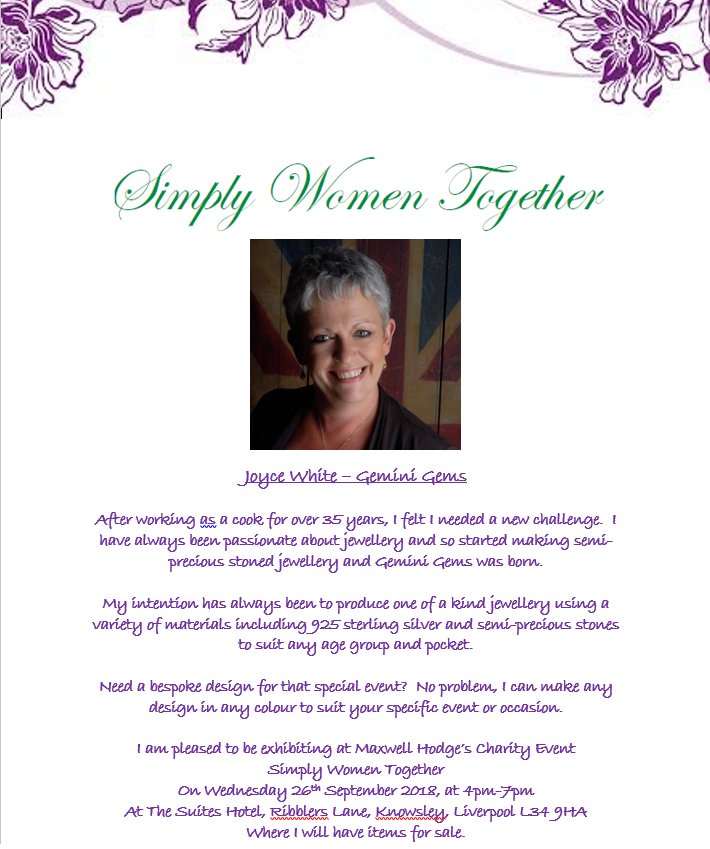 maxwell_hodge's tweet photo. Coming to #SimplyWomenTogether? We'll be posting profiles of some of our stall holders throughout the week! First up is Joyce White of Gemini Gems! Tickets - https://t.co/uh6gSQfi5y https://t.co/E4QZvt1RJB
