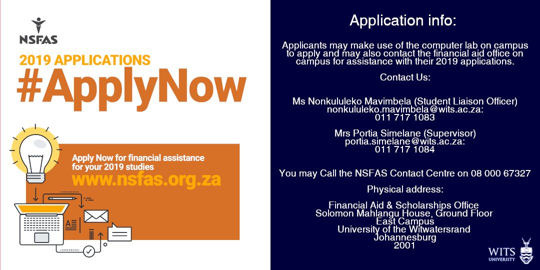 WitsUniversity's tweet photo. 🖥️Applications for 2019 NSFAS Funding are now OPEN. 

For a full guide on the supporting documents you will need and the application process visit: https://t.co/c1PJU0o3wL

Apply here: https://t.co/6zduHLbbmG #NSFAS https://t.co/jBlRYcCF3B