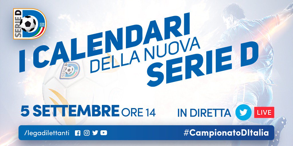 LegaDilettanti's tweet photo. ‼️ UFFICIALE ‼️

🔴 Scopri i CALENDARI della nuova #SerieD 2018/2019 in DIRETTA Twitter e commenta utilizzando l'hashtag #CampionatoDItalia

📅 Mercoledì 5 settembre

🕑 Ore 14 https://t.co/Ptd1KC6voV