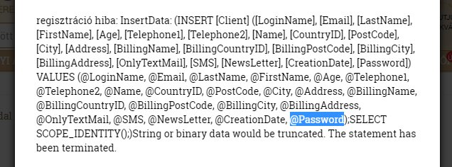 gheja_'s tweet photo. When entering a 32 character long password and the SQL query fails, reporting a value is too long to store... priceless. Storing passwords in clear text is always fun, right? (Trimmed the password, it worked.) /cc @troyhunt https://t.co/jsWJCdCZ1O