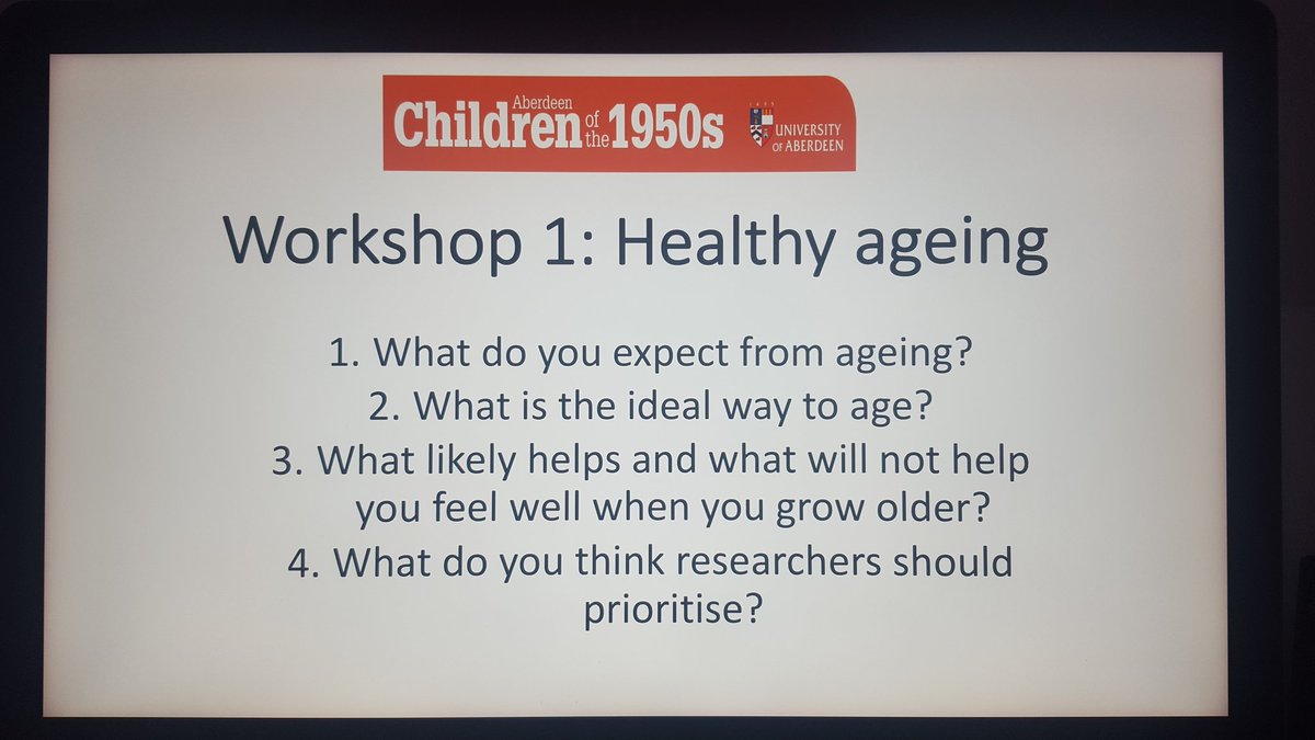 marj_cat's tweet photo. Enjoyable day conducting a  @NHSGrampian funded workshop with members of the Aberdeen children of the 1950s study @ABC_Aberdeen We explored their views on ageing as part of a plan to re-recruit them. Thanks for a fascinating day. Thanks to @aberdeenuni partners @AbdnCHDS @UoACDRG https://t.co/EeOpbWMKcg