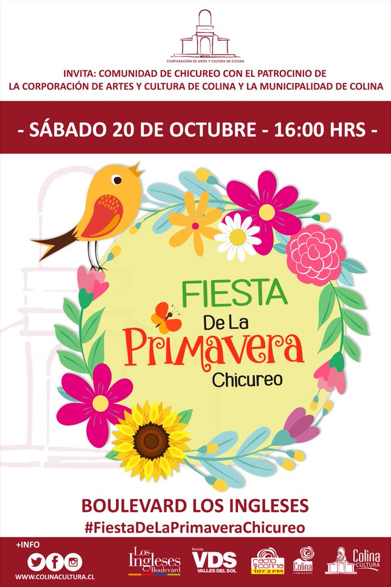 AngelpauPerezS's tweet photo. Sábado 20 de octubre nos tomamos av Chicureo con mucho color y alegría!!! Caravana de carros alegóricos para celebrar la llegada de la primavera!! Invitamos a todos a acompañarnos.  Inscripciones en fiestadelaprimaverachicureo@gmail.com #FiestaDeLaPrimaveraChicureo 
A difundir!! https://t.co/vx5sOr8KEr