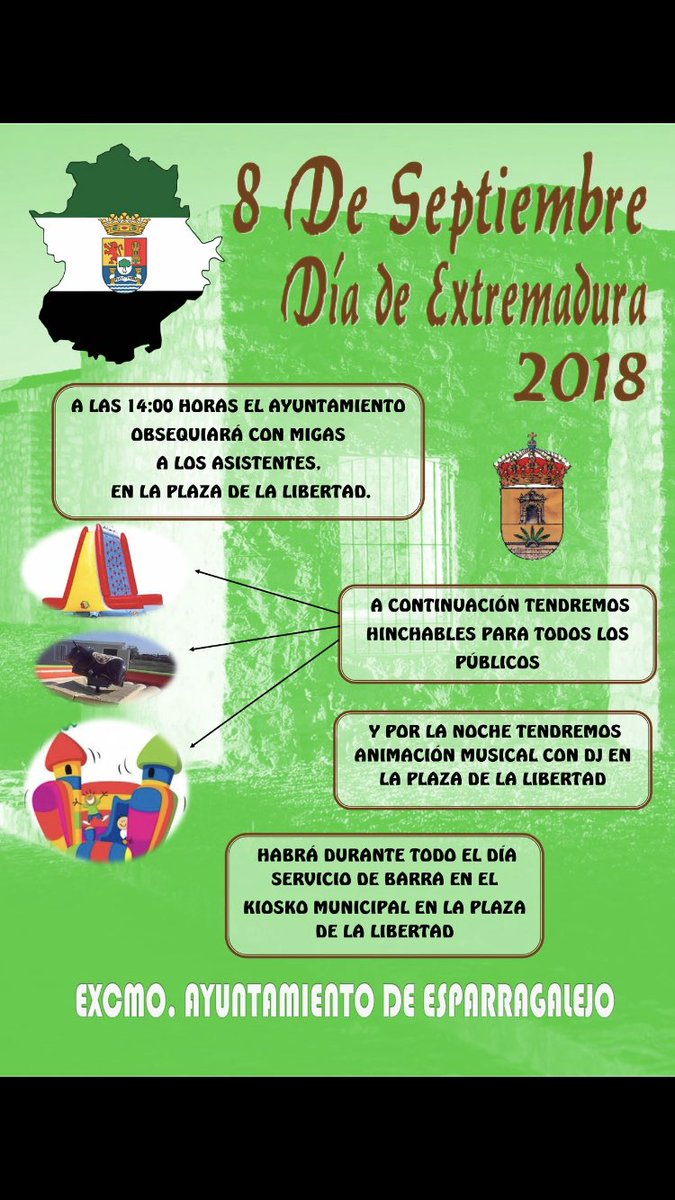FranJPajuelo's tweet photo. ACTOS CONMEMORATIVOS DEL DIA DE EXTREMADURA EN ESPARRAGALEJO:

Migas extremeñas y vino de la localidad, hinchables,   DJ ALBERT MARTI https://t.co/gZQA3tKBEU
