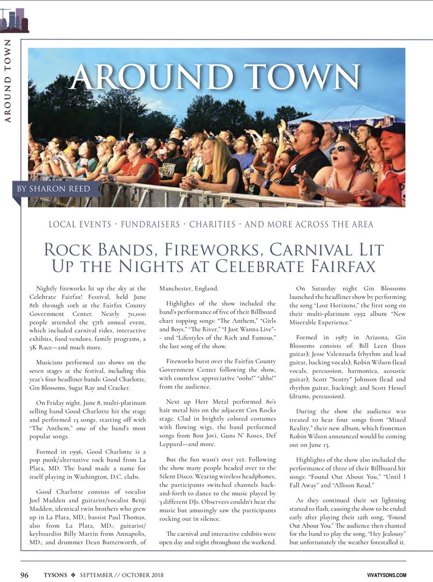 Sharonnnn4's tweet photo. Check out my article in the newly published @VivaTysonsMag &amp; @VivaRestonMag Fall editions on @CelebrateFFX headliner bands @GoodCharlotte @ginblossoms @sugarrayband @TheBandCracker &amp; #DMV #80s tribute band @herrmetal https://t.co/FaYii9CKVk, https://t.co/WKui1a7mfS #concerts https://t.co/AcLALQ9FMM