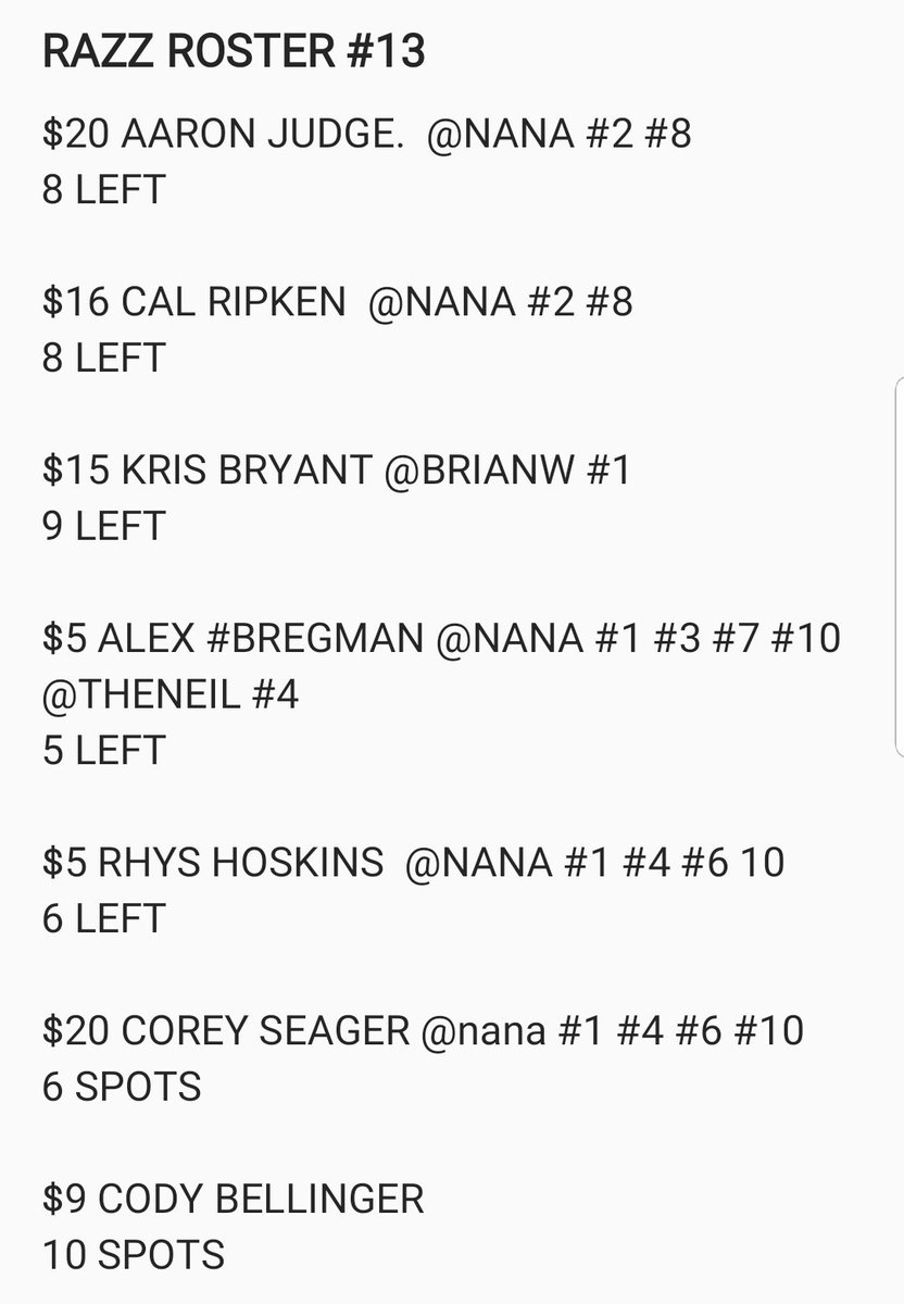 5K_Collectibles's tweet photo. REDUCED PRICES SO WE CAN FILL AND RAZZ 2NITE! 

AARON #JUDGE AUTO $17 PER 

KRIS #BRYANT $13 PER

CAL #RIPKEN AUTO $15 PER 

CODY #BELLINGER $9 PER

RYHS #HOSKINS AUTO $5 PER 

#BREGMAN AUTO $5 PER

COREY #SEAGAR $20 PER

$150 IN PROMO GIVEAWAYS #ALBIES #LINDOR #CORREA #DEGROM https://t.co/02rLE2zQUp