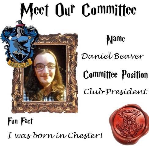 UoC_HpSoc's tweet photo. Time to meet our new committee! Our Club President for the year is Daniel Beaver #harrypotter #chesteruni #mychesterstory #chestterfreshers #eagerforbeaver https://t.co/DHFIo5lKKf