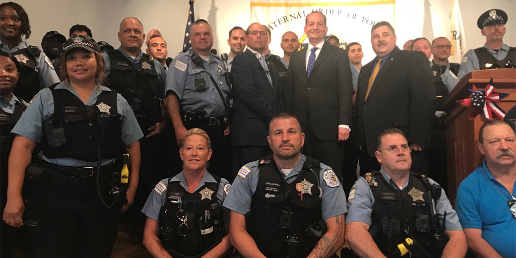 U.S. Secretary of Labor Alexander Acosta with National President Fraternal Order of Police Chuck Canterbury and members of Fraternal Order of Police Chicago Lodge 7.